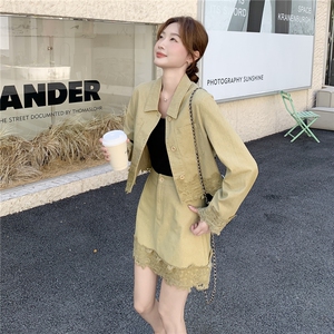 美式复古牛仔套装女秋2025新款洋气搭配一整套外套高腰裙子两件套图片