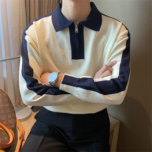 韩版潮男长袖半拉链polo翻领针织衫加厚套头拼接宽松纯色毛线上衣图片