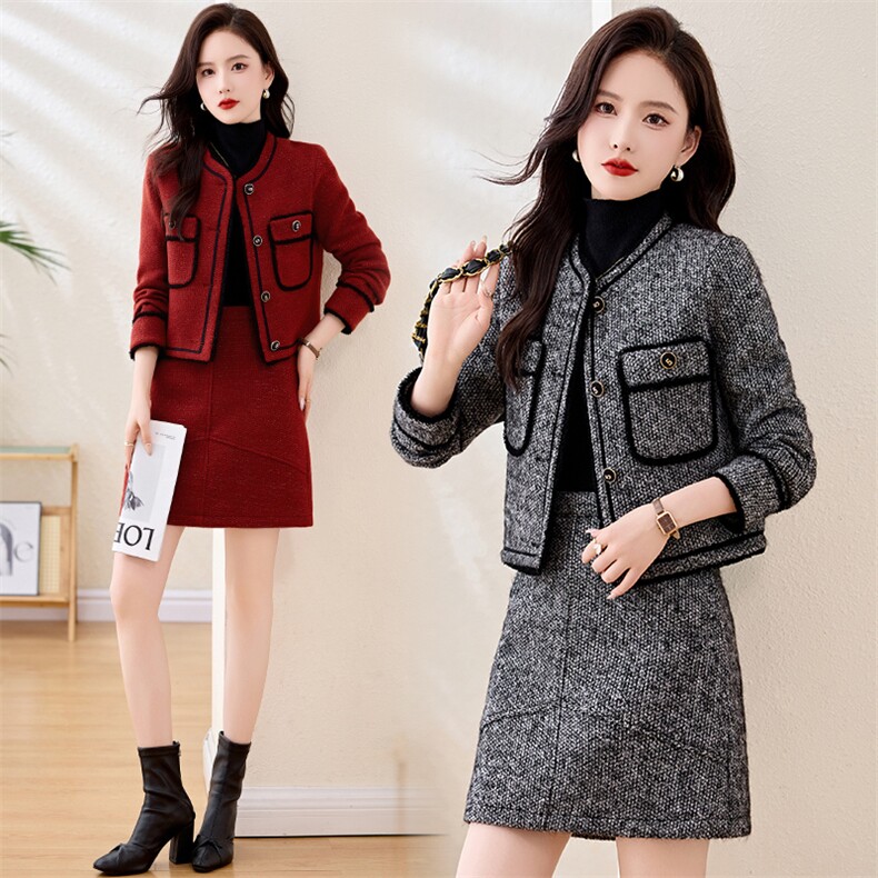 红色小香风套装裙女秋冬2024新款小个子毛呢短款外套半身裙两件套，女装套装/套裙，香水丽阁