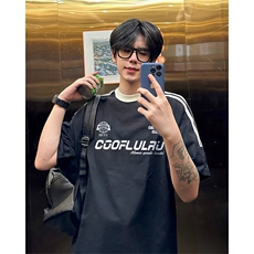 抖音得物供货240克宽松纯棉美式潮牌印花三杠半织带短袖T恤AT1610，男装T恤，电商A443