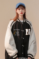 中性风秋季宽松休闲插肩袖棒球服拼色情侣外套女JK6872P65控78，女装短外套，电商A268