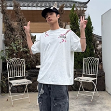 万针全刺绣工艺抖音得物高品质260克重磅纯棉双纱美式高街短袖T恤，男装T恤，电商A486