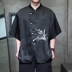 现货新中式男士大码立领缎面兰花衬衫短袖上衣T2521-P65-控89，男装T恤，电商A021