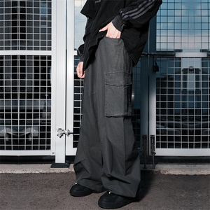 深灰色美式高街侧边大口袋阔腿工装裤男女解构设计感裤子828/p68图片