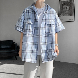现货 T10118-特批42 控78 活力格子衬衫男女宽松T恤短袖连帽开衫图片
