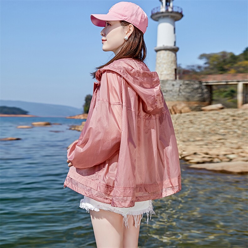 宽松休闲连帽防晒衣女2024夏新款时尚洋气户外透气薄款防晒服外套,女装防晒衣,可可小西