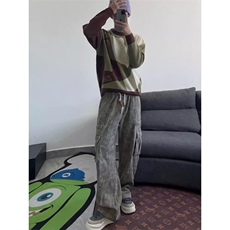 【有货】咖啡色迷彩休闲裤做旧废土风直筒阔腿工装KZ7685特P62，男装休闲裤，星座908-1