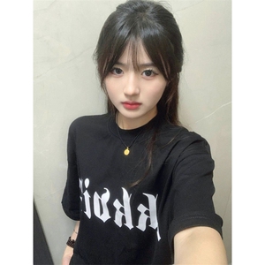 T0648-P25 简约纯棉字母小众印花短袖 男女同款学生美式上衣图片