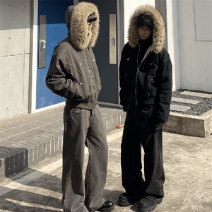现货重磅boxy短款棉衣座山雕大毛毛领男女棉服水洗工装厚外套图片