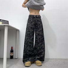 大码美式高街迷彩工装牛仔裤女2025新款直筒拖地裤子RK2923-P45，男装牛仔裤，星座412-3