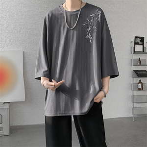 五分袖男夏季新款港风宽松冰丝坠感大码新中式短袖上衣T9725-P32图片