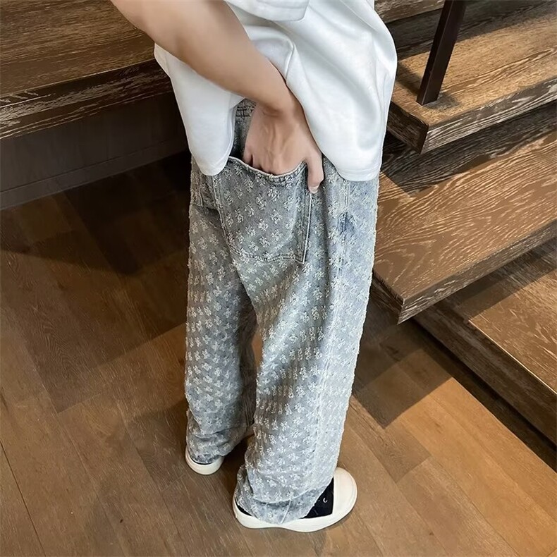美式复古牛仔裤男新款潮牌宽松满印设计感小众直筒裤子A0222-p45,男装牛仔裤,星座1008