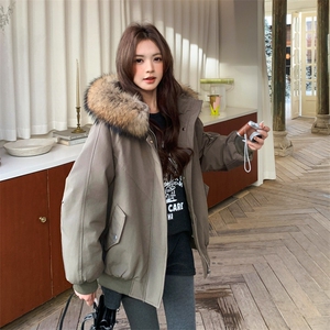 工装风大毛领羽绒服女短款2025冬季新款时尚加厚派克服军绿色外套图片