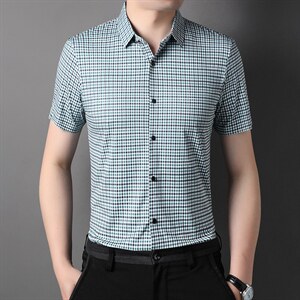 夏装冰丝免烫弹力衬衫男短袖商务休闲格子无痕压胶衬衣夏季半袖图片