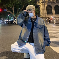 美式街头做脏牛仔外套男春秋季vibe潮牌痞帅宽松休闲水洗做旧夹克，男装夹克，星座410-7