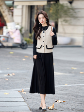 韩系高级感呢料马甲+针织打底百褶裙套装女2026春装新款两件套，女装套装/套裙，涵墨