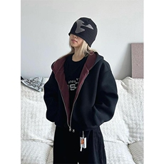 重磅高品质硬挺boxy26春装美式高街结构撞色拼接连帽卫衣开衫外套，女装短外套，电商A486
