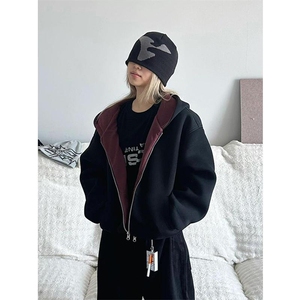 重磅高品质硬挺boxy26春装美式高街结构撞色拼接连帽卫衣开衫外套图片