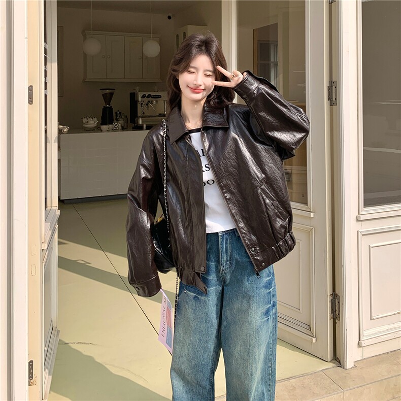 新款~~咖色短款皮衣外套W674P175K288,女装短外套,2C209