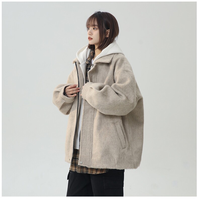 冬季加棉加厚阿尔巴卡呢子带帽宽松中性港风男女外套M897-P138,女装短外套,电商A170