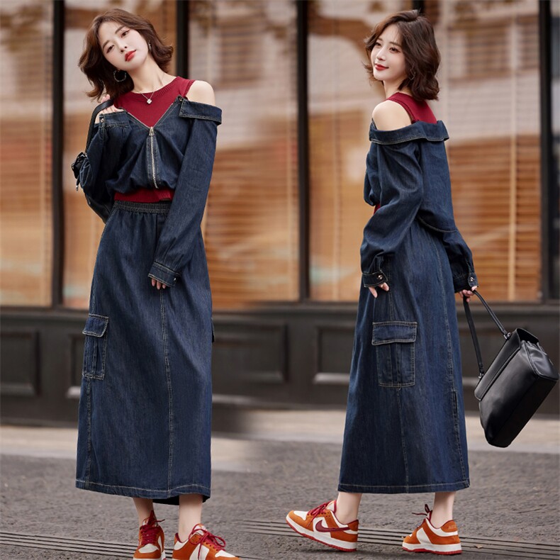 显瘦遮肉牛仔套装减龄开春穿搭一整套女装2025新款露肩两件套裙装，女装套装/套裙，意芙