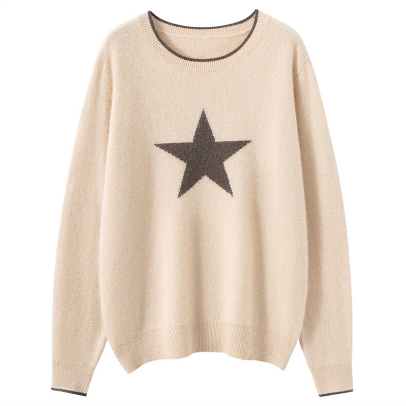 2025秋冬新款羊绒衫女纯山羊绒圆领星星图案时尚休闲针织套衫，女装针织衫/毛衣，萨奥羊绒