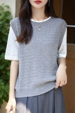 春秋精纺羊毛针织短袖女圆领拼色扭花T恤宽松拼色假两件半袖上衣，女装羊毛衫，暖烁羊绒