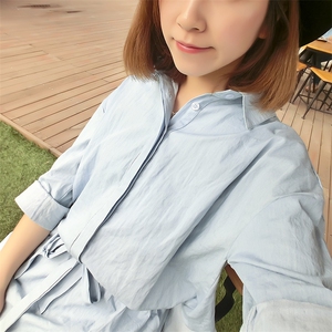 POLO领 2021年夏季新款潮流 韩版 修身 显瘦 长袖 纯色  衬衫 纯色短裤 两件套图片