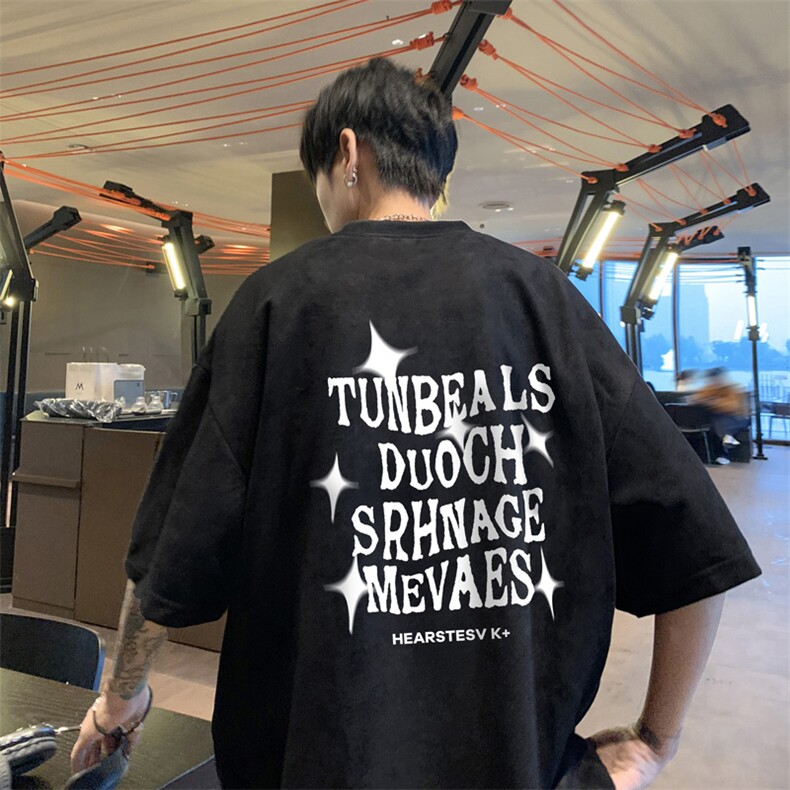 麂皮绒重磅t恤男夏季高街大码短袖体恤字母印花潮牌百搭半袖衣服,男装T恤,电商B371