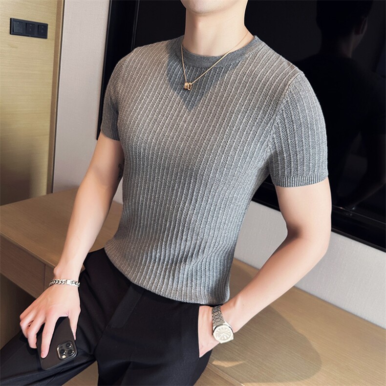 针织衫毛衣男 M22/p45春夏季短袖修身圆领条纹纯色打底衫线衣图片