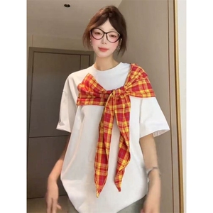 美式复古格纹蝴蝶结短袖t恤女夏季小众宽松慵懒风半袖上衣TX1043图片