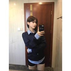 现货自制蓝色格子拼接翻领长袖情侣款男女假两件衬衫CX03-p45，男装衬衫，星座910A