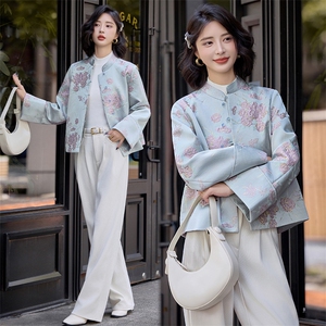 蓝色温柔撞色刺绣提花短外套女春秋新款中式风漂亮上衣图片