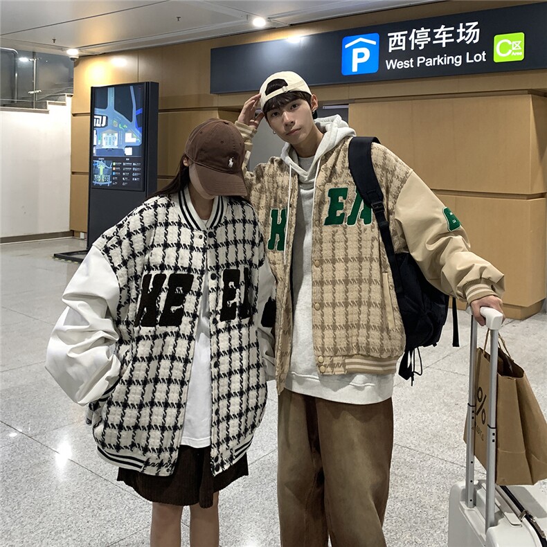 EQ85棒球服外套男女毛巾绣格子呢料夹克2024新款港风秋装P113,男装夹克,电商C306-1