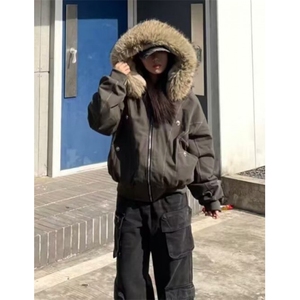 山雕毛绒连帽棉服女冬季棉袄美式宽松棉上衣男夹棉外套 M916图片