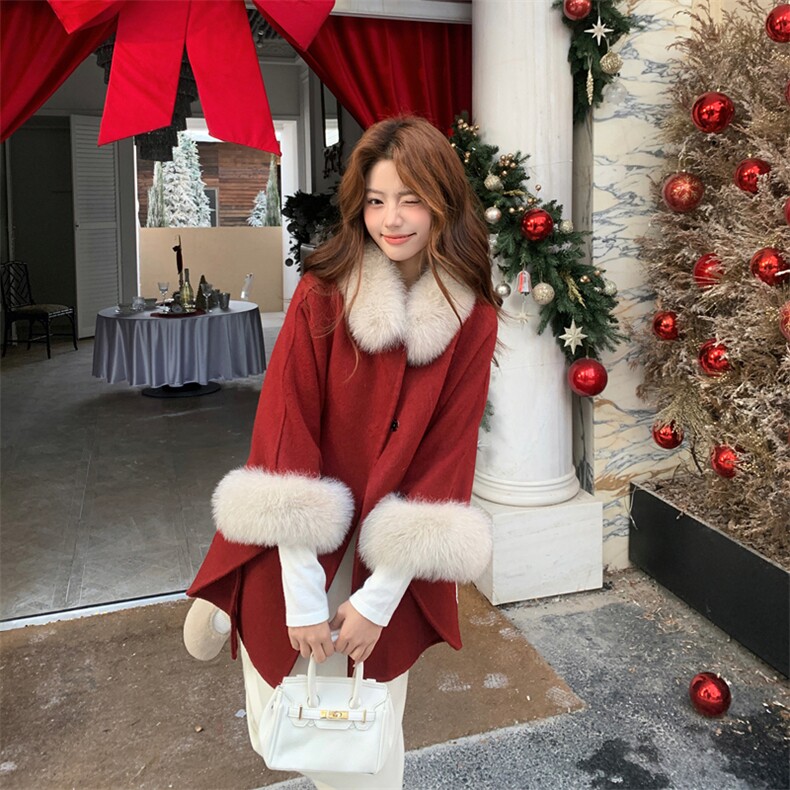 【有货】新款可拆卸狐狸毛斗篷式双面呢2D012-956-P395K538,女装羊绒大衣,2D012
