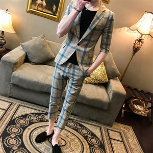 夏季新款社会小伙大格子中袖小西服西裤西装套装 A328-1922-P135图片