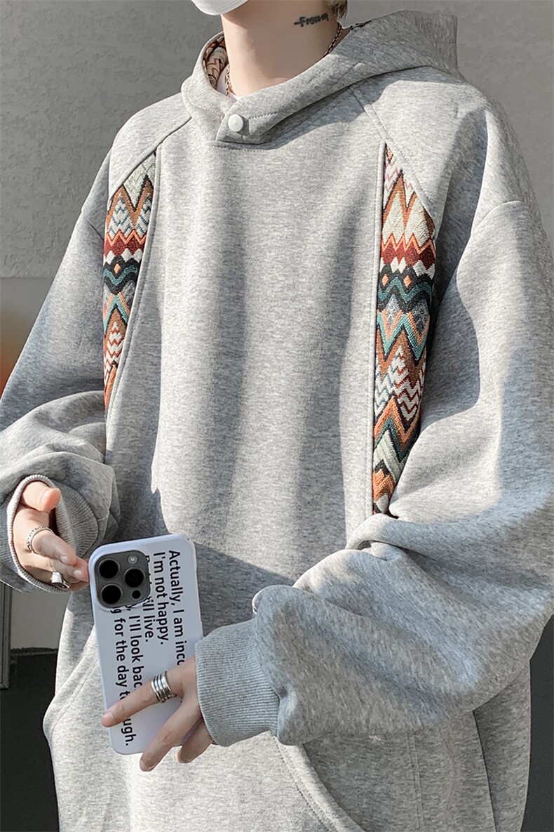 重磅民族风拼接撞色卫衣大码秋冬复古连帽衫外套LW608特P55加绒65,男装民族服装,电商B215