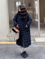 深蓝色复古格纹双面呢连帽大衣女2025冬学院风宽松休闲中长款外套，女装毛呢外套，慧尚依恋