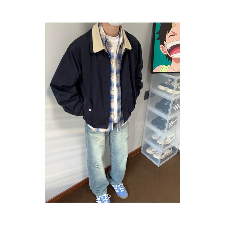 春秋季复古简约撞色工装夹克男设计感百搭休闲翻领外套,男装夹克,星座506A