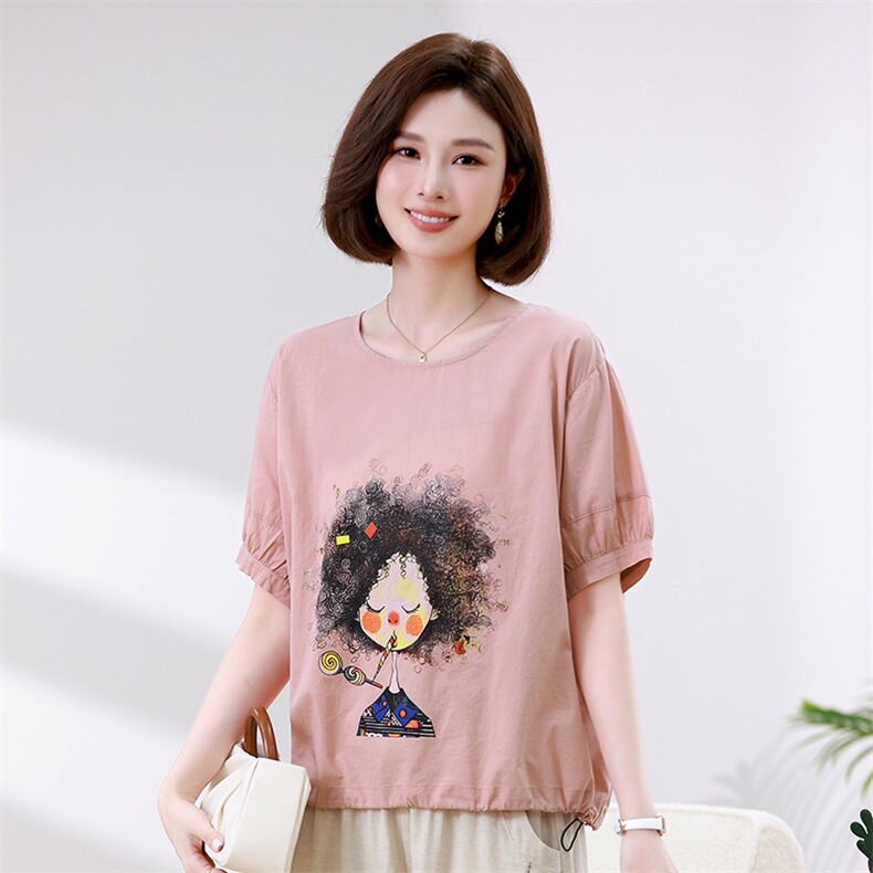 时尚宽松短袖T恤女夏季新款卡通印花上衣百搭休闲女装衬衫,女装衬衫,叶笙衣