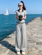 女夏新款小个子时尚休闲套装欧货纯色短袖拼接上衣高腰长裤两件套，女装套装/套裙，江南