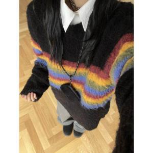 甜美小个子条纹彩虹毛衣女学生秋冬季加厚套头针织衫L65499-P53