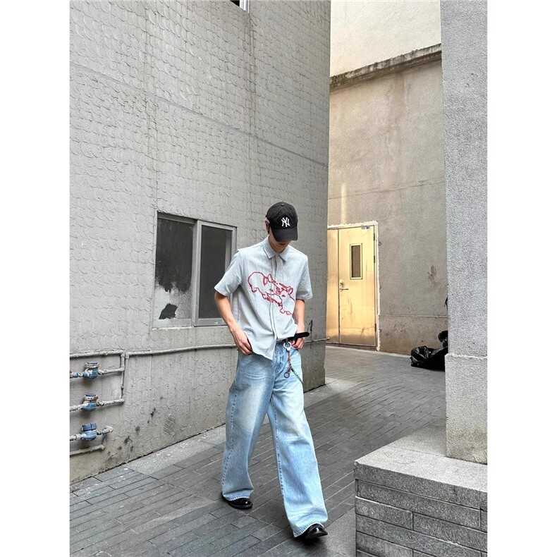 美式复古微喇裤子男设计感凌乱猫须马骝直筒宽松阔腿浅色牛仔裤男,男装牛仔裤,星座506A