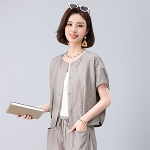时尚亚麻混纺阔腿裤女夏季2025新款开衫上衣减龄松弛感图片