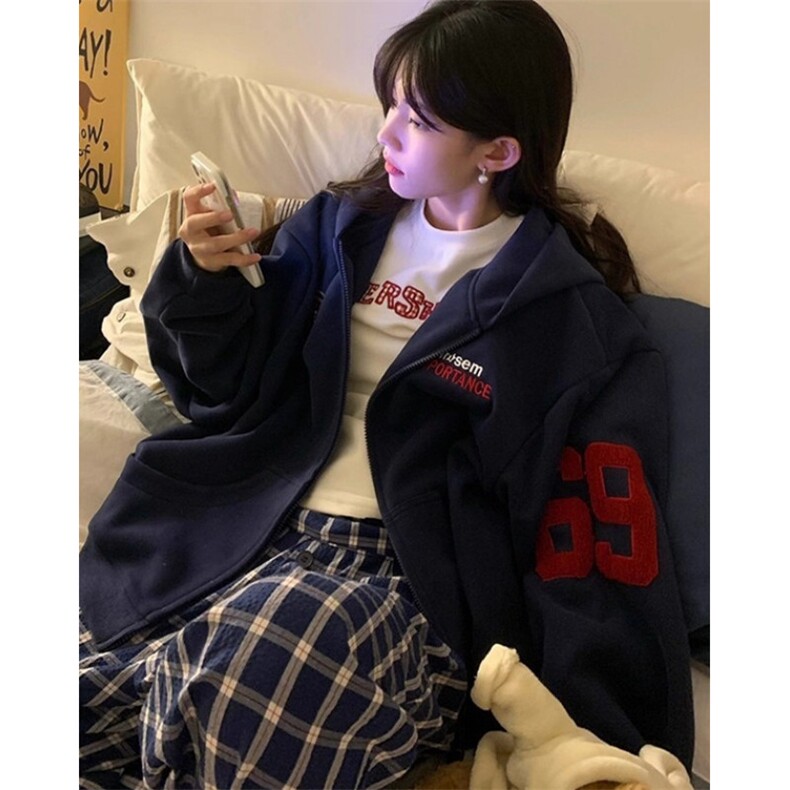 复古重磅刺绣字母连帽开衫卫衣男宽松百搭设计感上衣外套W2799,女装短外套,星座1116A（原606A-3）