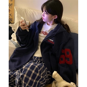 复古重磅刺绣字母连帽开衫卫衣男宽松百搭设计感上衣外套 W2799图片