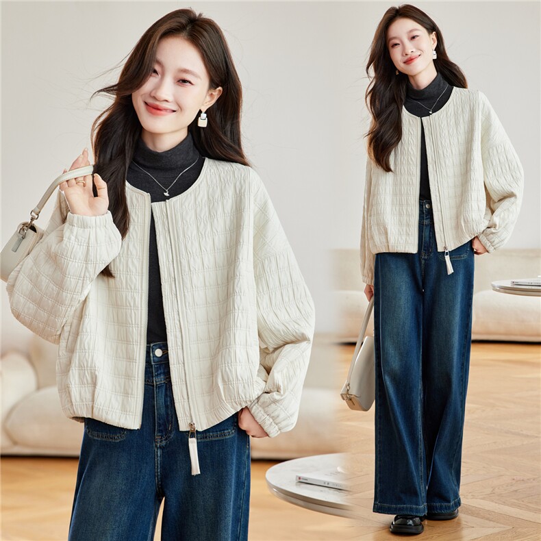 2026年春季宽松圆领方格夹棉短外套上衣，女装棉衣/棉服，简韵佳