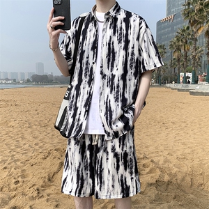 夏日套装大码宽松花衬衫男短袖痞帅休闲上衣两件套衣25裤18/TP43