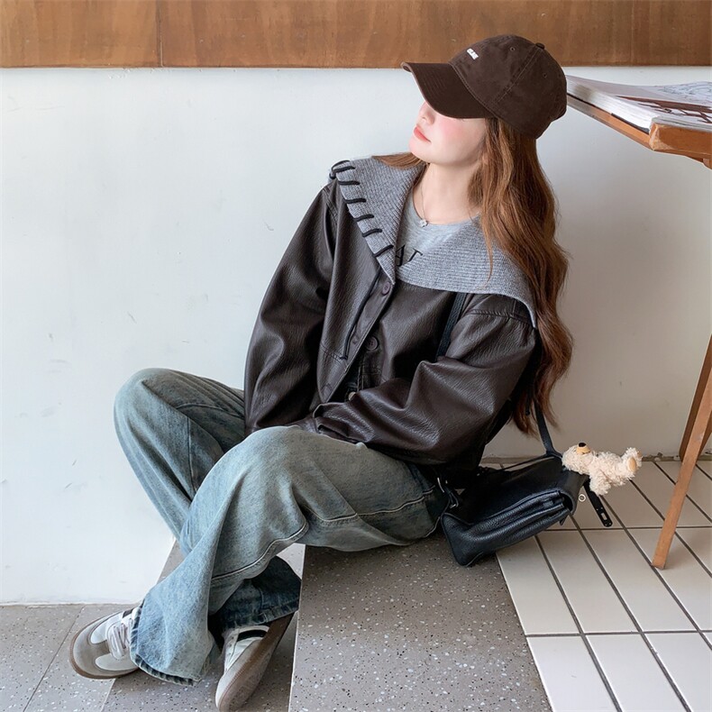 设计感复古皮衣外套女2025秋季新款韩里韩气氛围感连帽拼接皮夹克,女装短外套,2C283